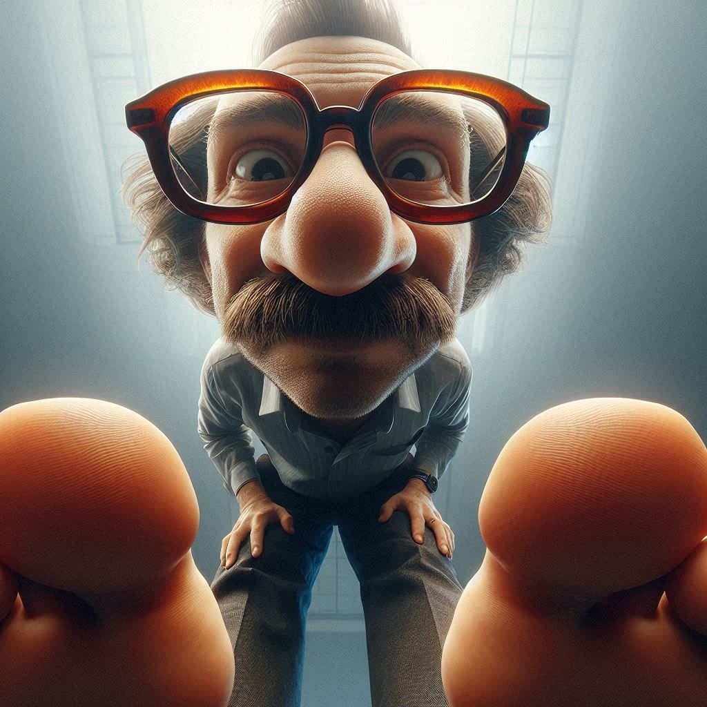 View from below: An ugly, fat man with very thick glasses and a big nose stands on the floor with a confused, questioning look, his gaze fal...