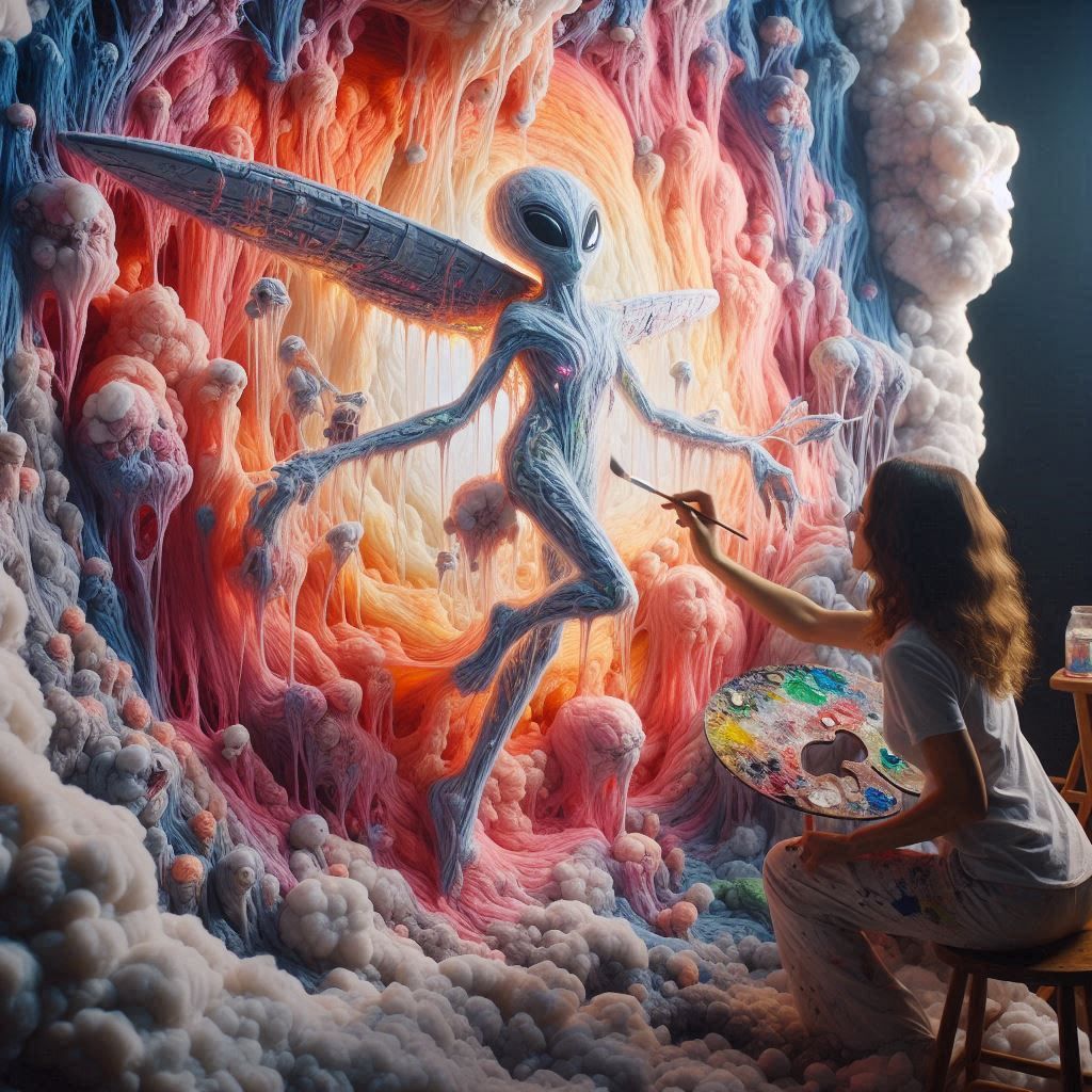 Mid-shot, colored Area 51 on a piece of cotton that comes to life and merges with the real world. The artist should be painting with a look...