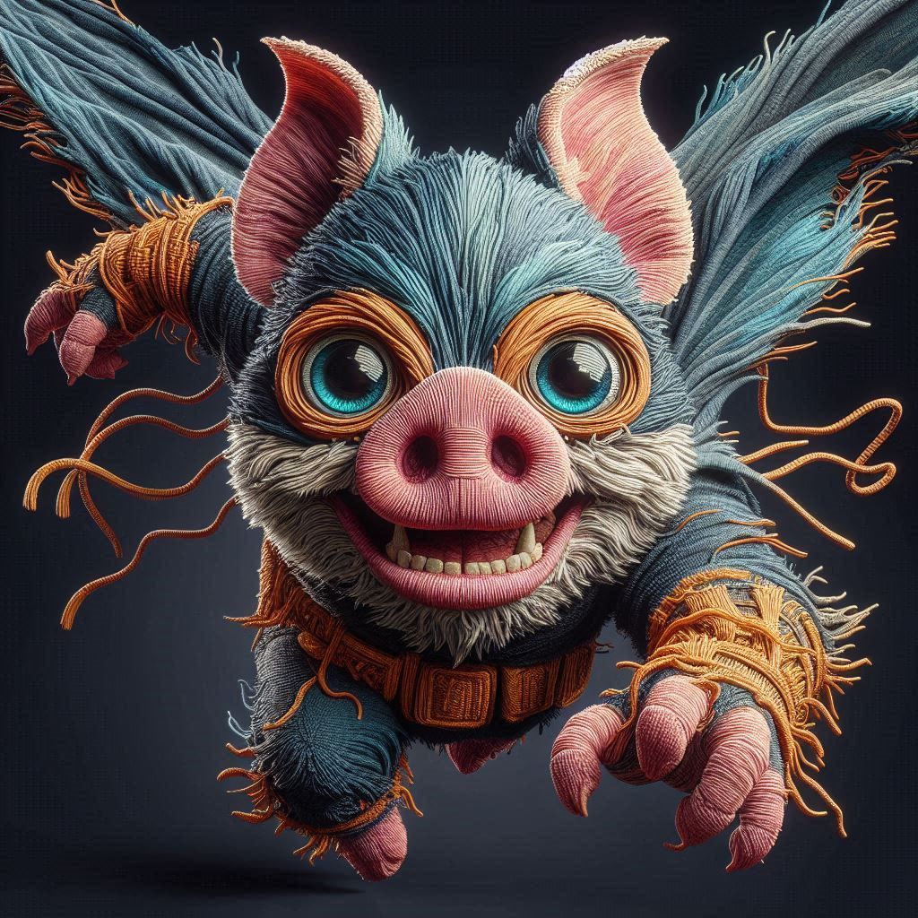 dynamic fat batmenpig with big eyes is hand-embroidered from a distressed cotton fabric, carefully stitched with thick, textured threads and...