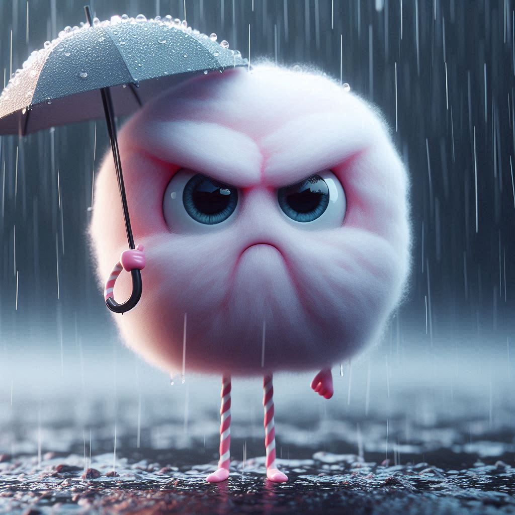 Close-up, rainy mood
An annoyed cotton candy with legs and arms, big eyes and a big mouth stands in the rain with an umbrella in her hand. T...