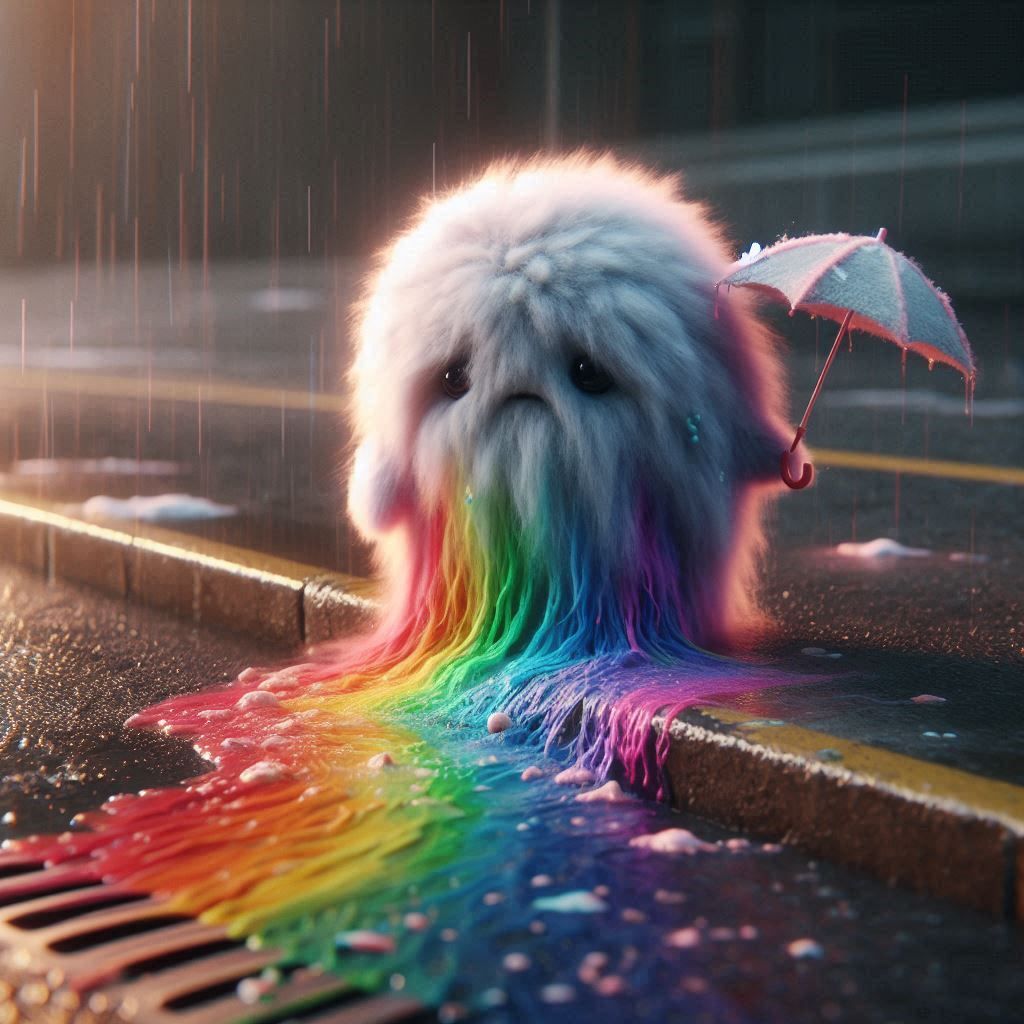 close-up,
A faded fluffy rainbow losing its color. The rainbow stands on a street in the rain with an umbrella. The color runs onto the stre...