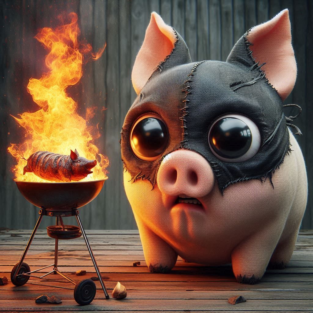 The dynamic, fat batman pig with big eyes is made of a cotton fabric in a used look, looks frightened, next to the batman pig there is a bur...