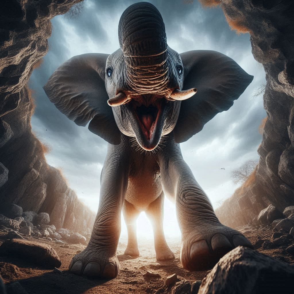 downside view, A cut young elephant stands on the ground with a friendly look and an open mouth, the view is from below in his face. nice at...