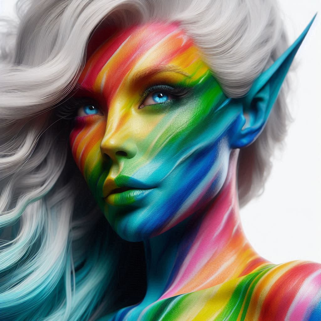 Close-up, white background,
A rainbow-colored body painting on a BBW elf, the dynamic one
high details, high resolution, photorealistic, cin...