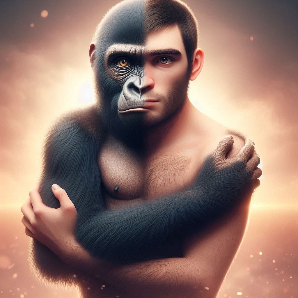 A cute gorilla and a human men , connected as Siamese twins. Both are visually merged with each other, Keywords: high details, high resoluti...
