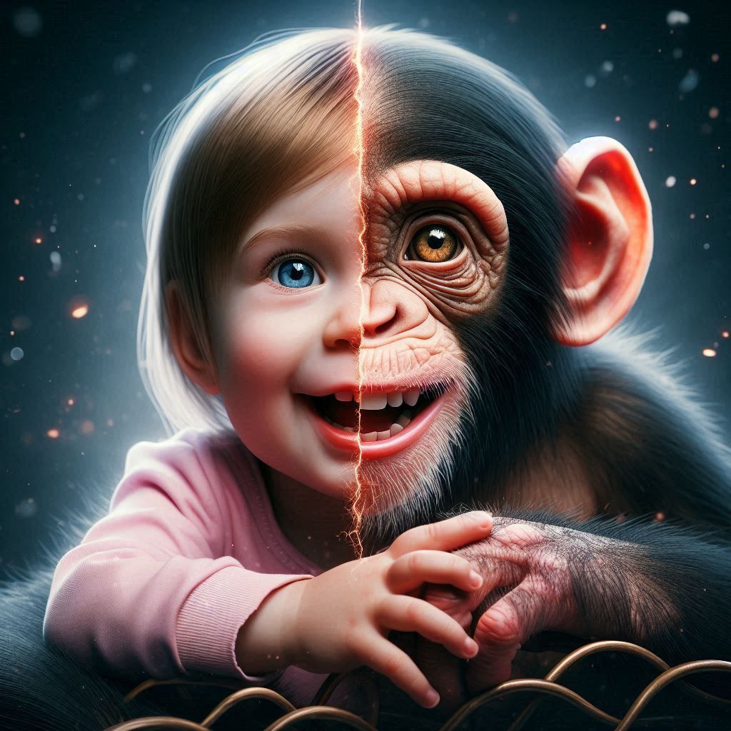 A cute chimpanzee and a cute human child, connected as Siamese twins. Both are visually merged with each other, Keywords: high details, high...