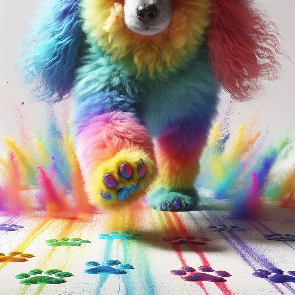 Close-up, white background,
A rainbow-colored poodle leaving colorful paw marks on the floor, dynamic
high details, high resolution, photore...