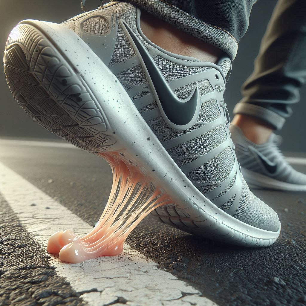 downside view, A Nike sports shoe in the shape of a person runs very quickly on a street, dynamic recording, there is a piece of chewing gum...