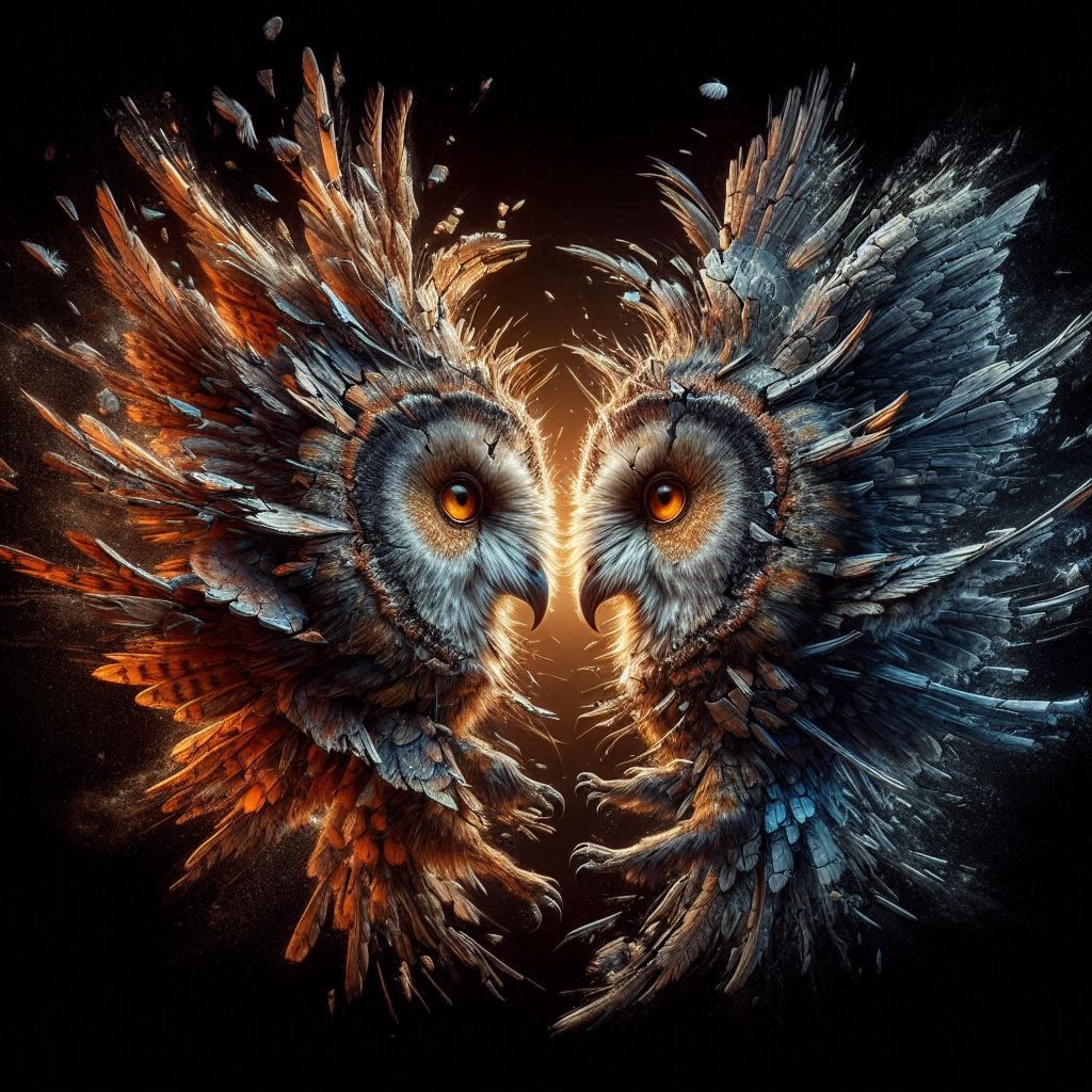 2 owls beaking each other, very high details, very high resolution, surreal scene, 8k 4d, masterpiece, black background
