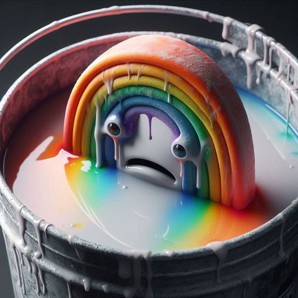 close-up,
A faded rainbow losing its color. The paint drips into a bucket of water, turning the water in the bucket into rainbow colors.
The...