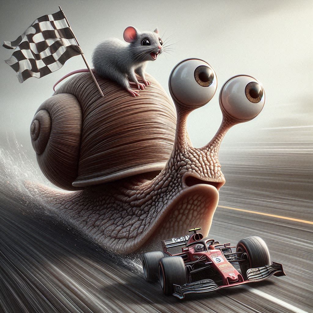 Close-up, dynamic,
A fast snail with big eyes and a big mouth is racing. A little mouse sits on the snail and is euphoric. A Formula 1 racin...