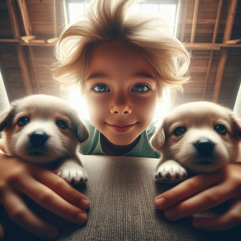 View from below: A child with a friendly look and 2 baby dog ​​puppies in her arms on the sofa, the look goes from below into her face. nice...