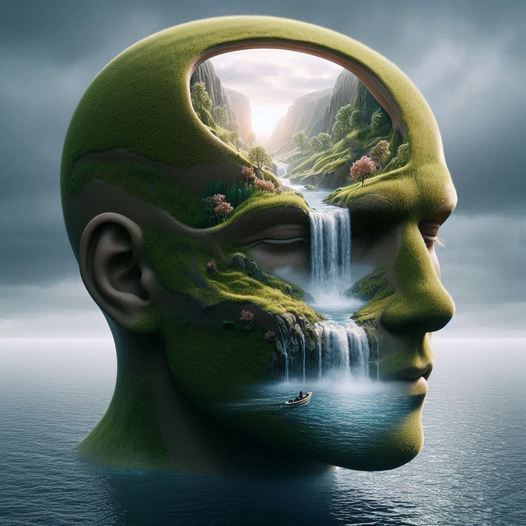A surreal, dreamlike landscape, on an anatomically correct bald head. The bald is detailed with lush grass and miniature trees on the surfac...
