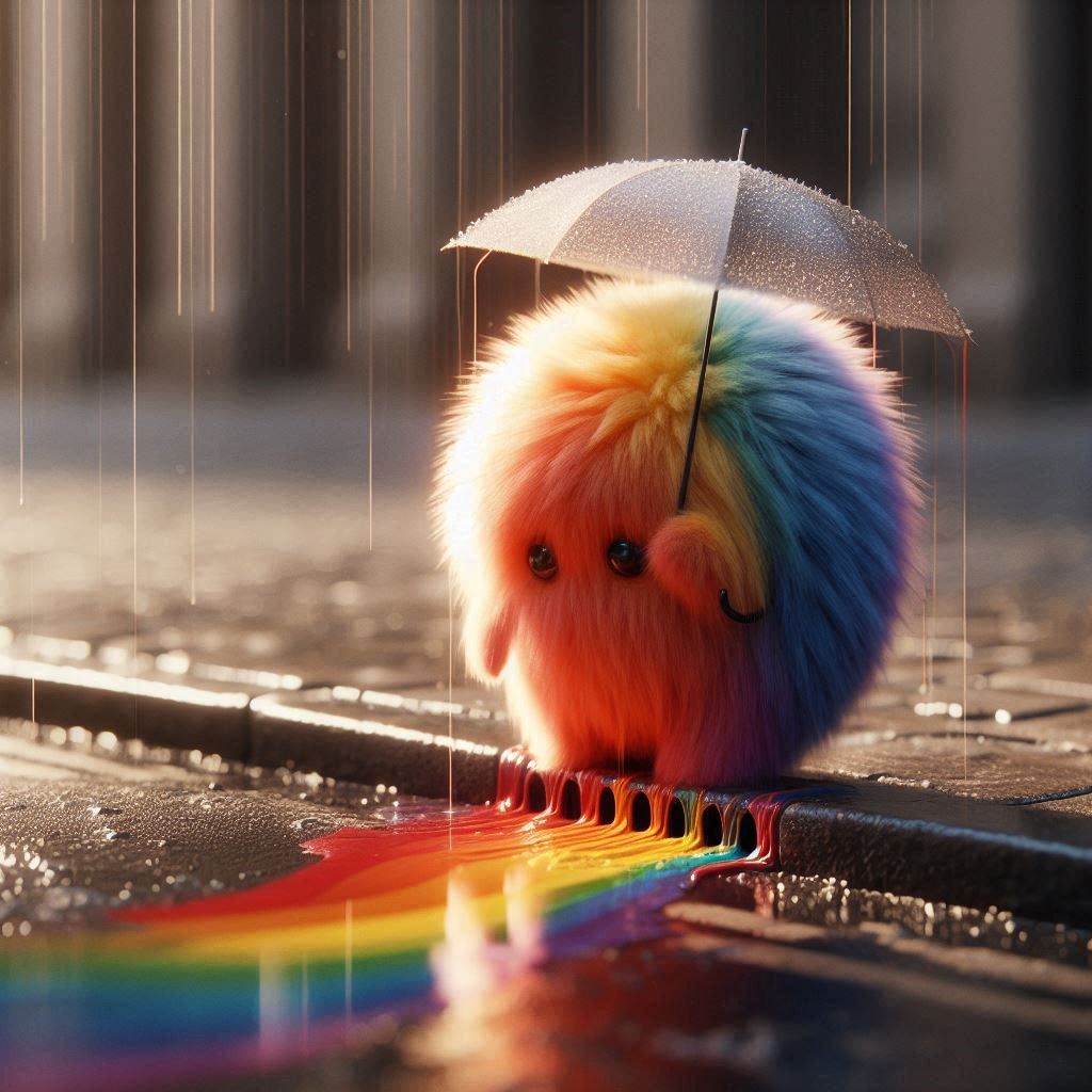 close-up,
A faded fluffy rainbow losing its color. The rainbow stands on a street in the rain with an umbrella. The color runs onto the stre...