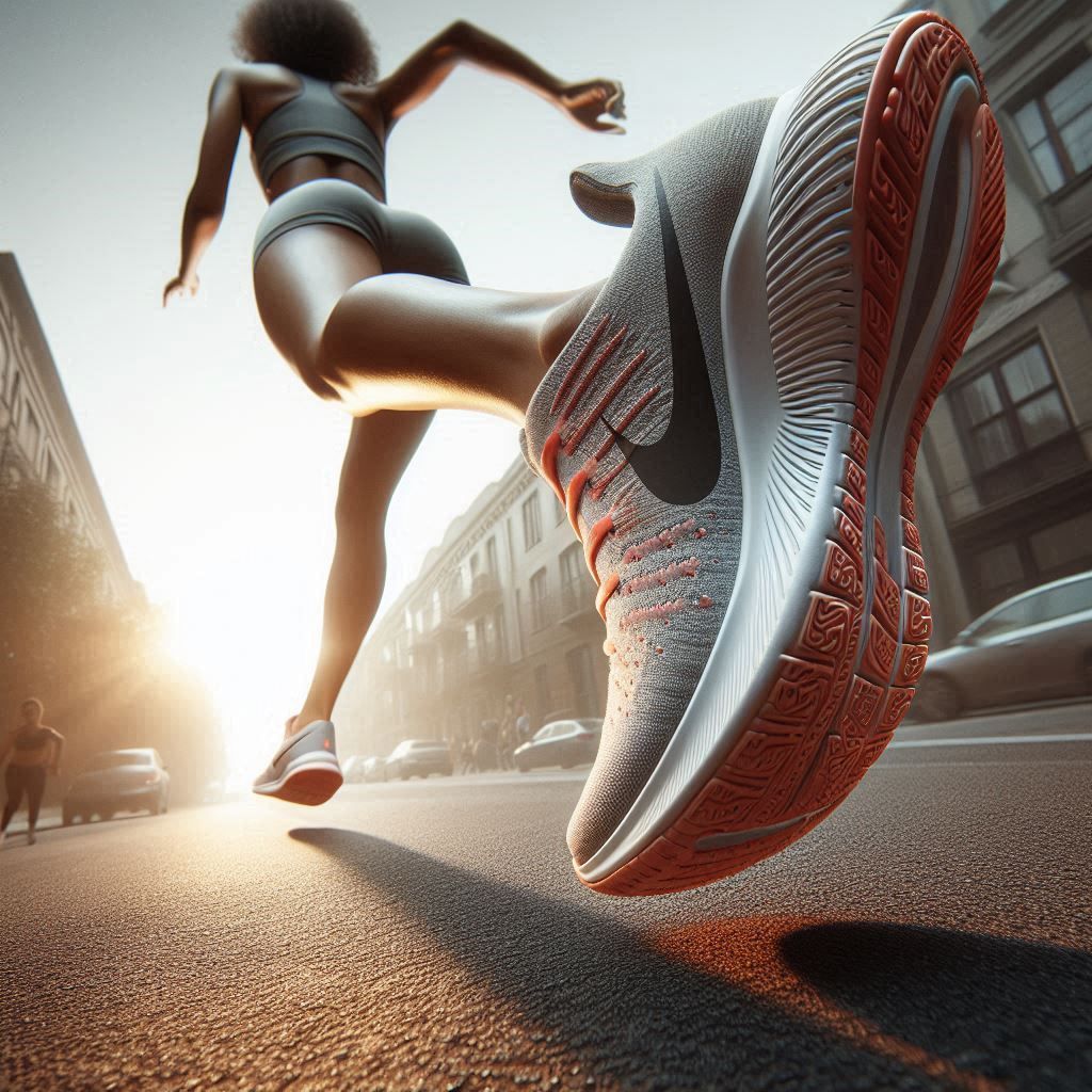 downside view, A Nike sports shoe in the shape of a person runs very fast on a street, dynamic recording, high details, high resolution, pho...