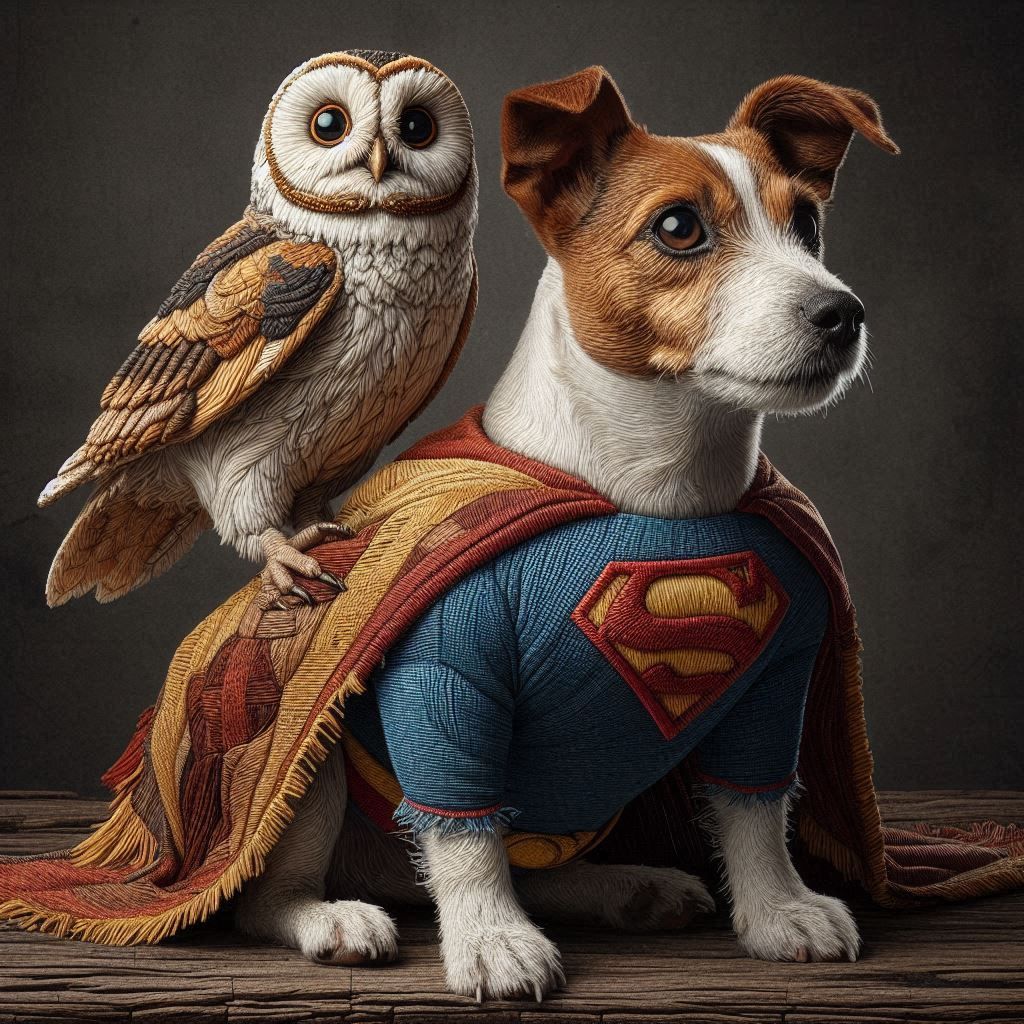 Owl with Batman costume sitting on a shoulder of a Jack Russel. The Jack Russel is wearing a Superman costume. Hand-embroidered from a distr...