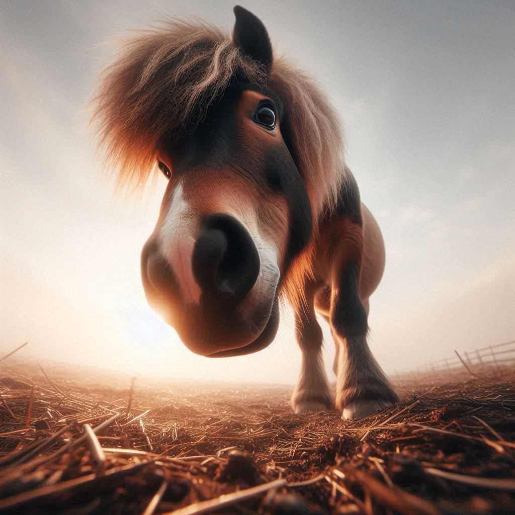 downside view, A cut young Horse stands on the ground with an friendly look, the view is from below in his face. nice atmosphere.dynamic rec...
