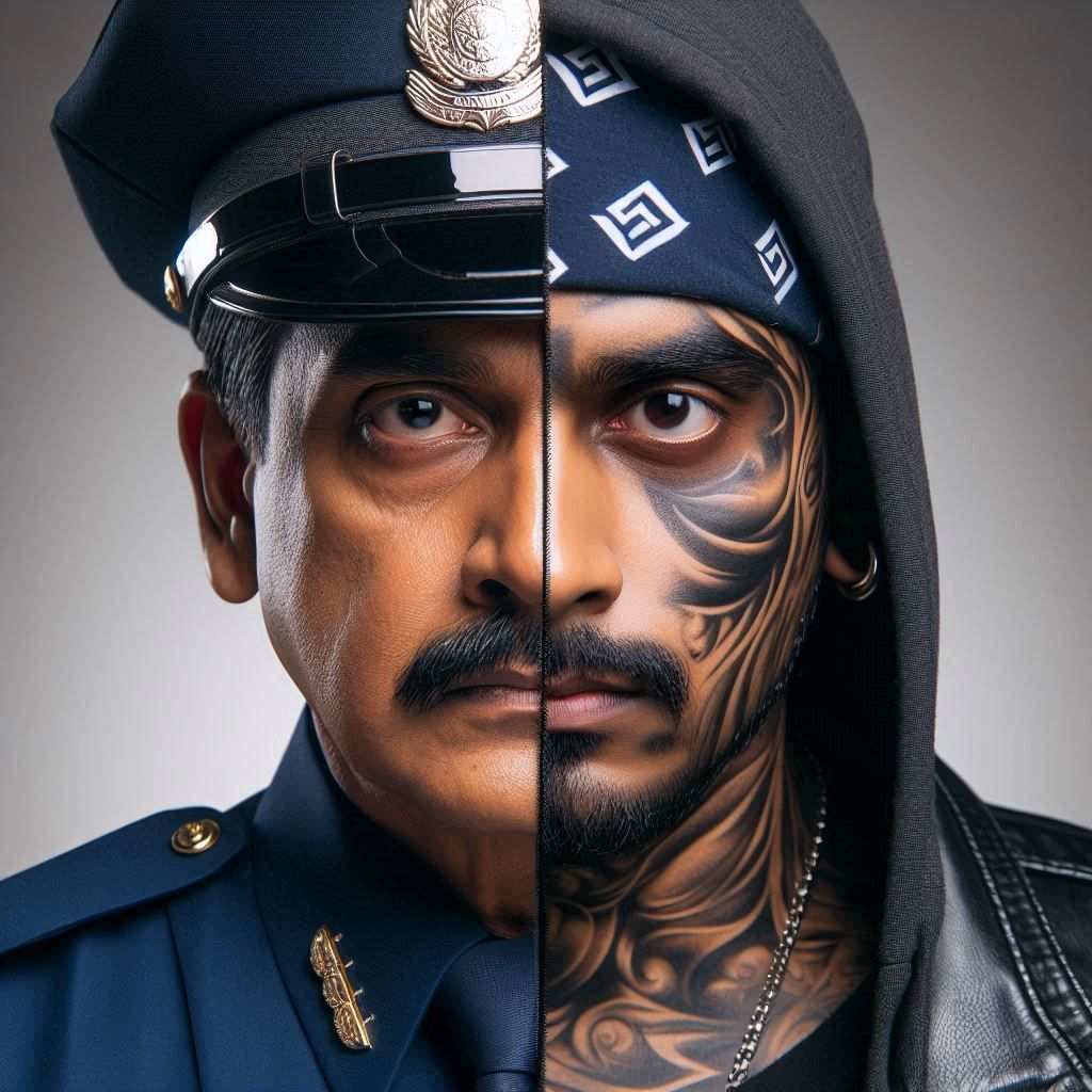 A  Police chief and a ghetto Gangster men,connected as Siamese twins. Both are visually merged with each other, Keywords: high details, high...