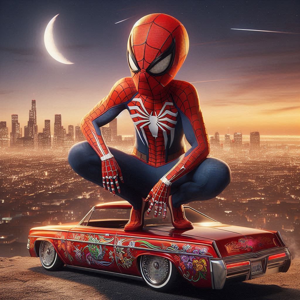 Spiderman has the look of a lowrider, high details, high resolution, detailed textures, surreal scene, 8k 4d,