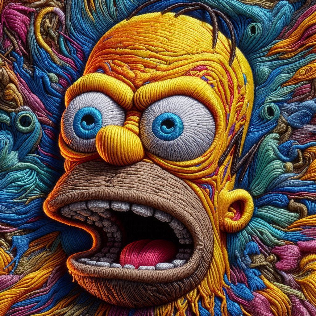 Vibrant, hand-embroidered patch of Homer Simpson on a distressed cotton fabric, meticulously stitched with thick, textured threads and frin...