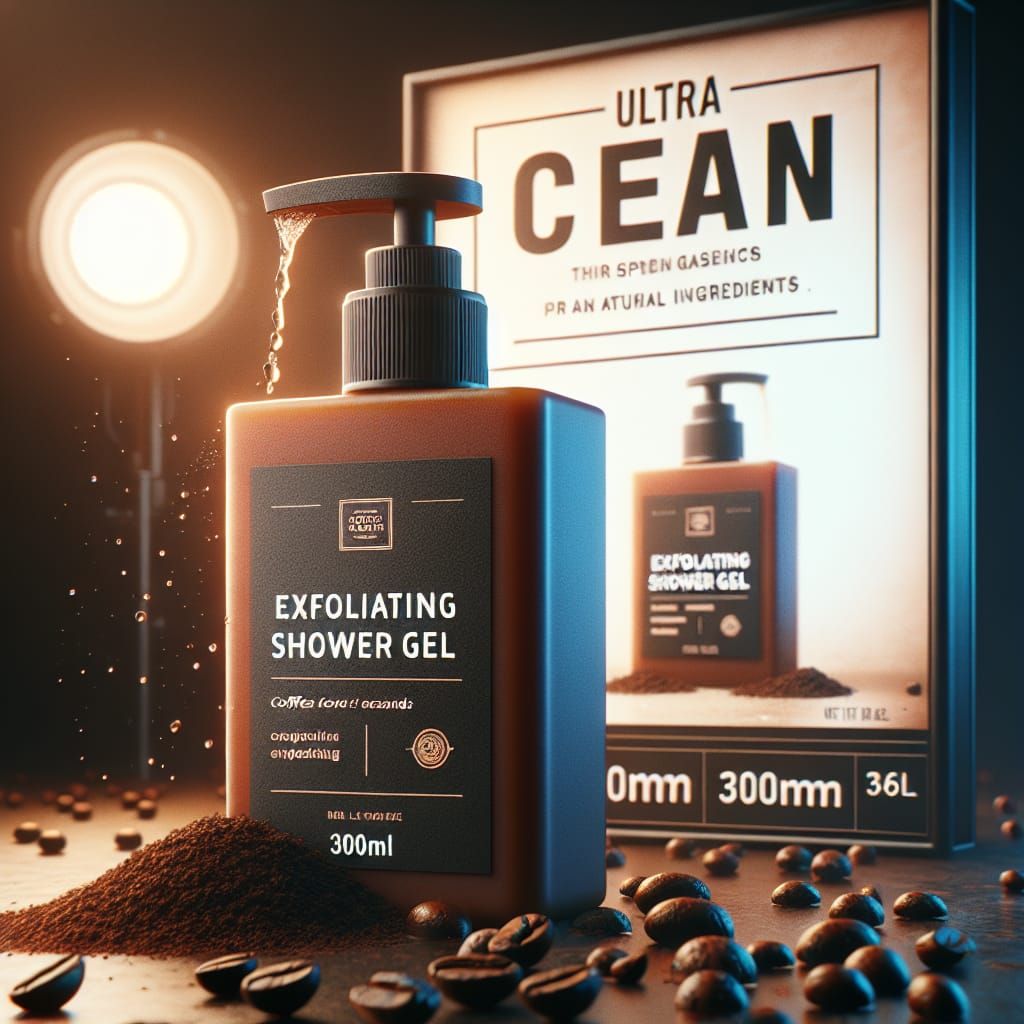 A bottle of 300 ml brown exfoliating shower gel named "Ultra-Clean" for men and all the words on the shower gel bottle must be spelled CORRE...