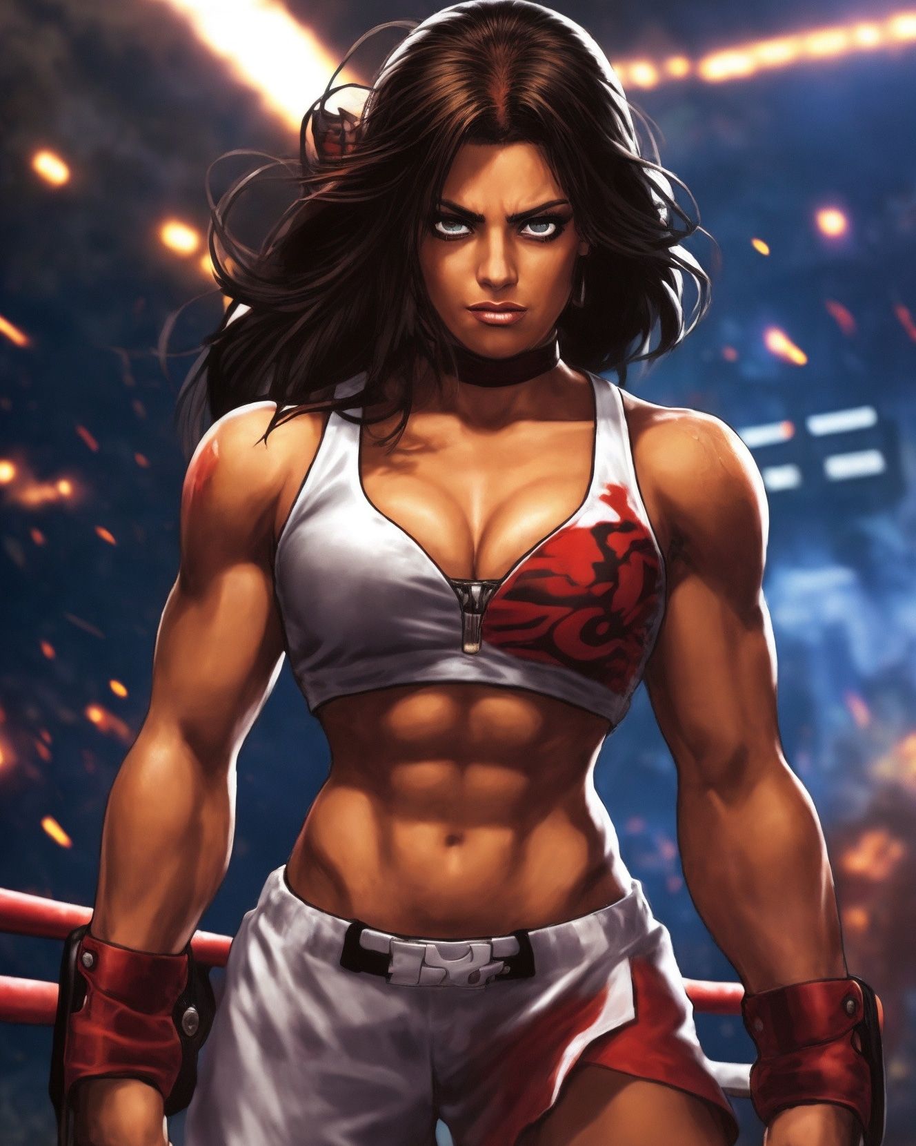 <lora:Teresa Moore:1.0>, Female Bodybuilder, wearing All white Wrestling costume as a The king of fighters Style Character, Character Design...
