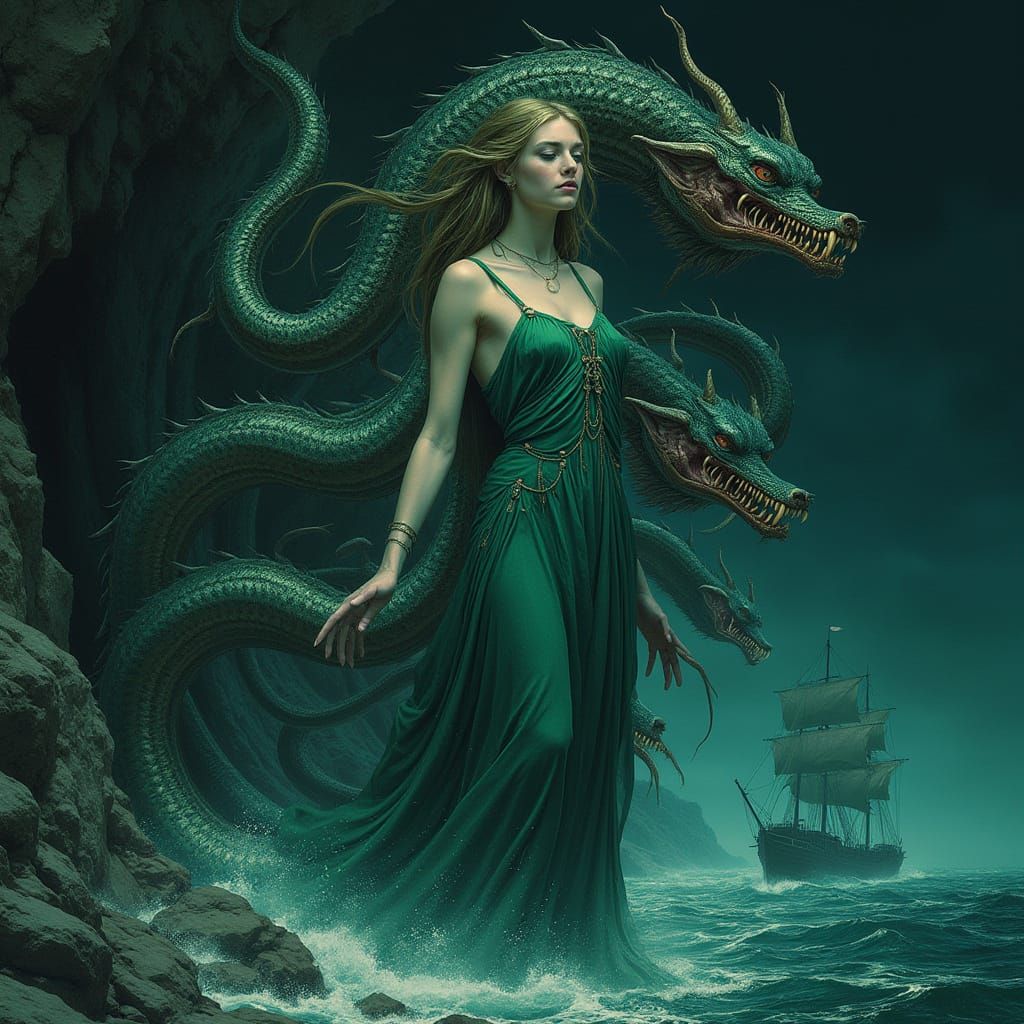 Scylla is a mesmerizing yet horrifying embodiment of duality, a creature whose very form is a clash between divine beauty and grotesque mons...
