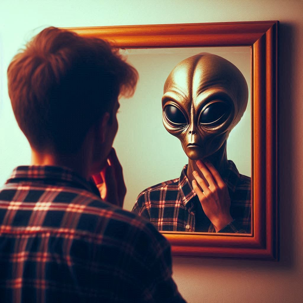A normal person looking in the mirror and having their reflection show an alien. Eighties and realistic style. 8k resolution concept art by...