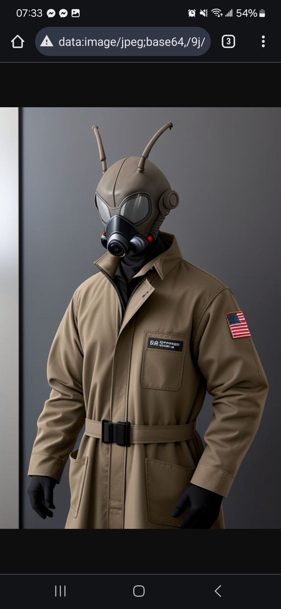 Gand insect man with mouth respirator in denim coveralls and brown leather trench coat with dual wrist blades