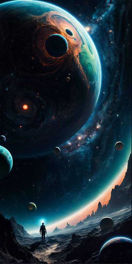 Lovecraftian artwork by lovecraft, in outer space is (tiny little planets), an alien monster devouring planets. Cosmic background. by Androi...