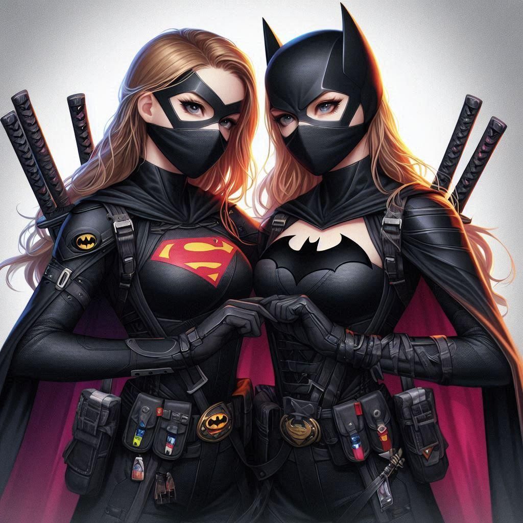 Batgirl and Supergirl.  Black ninja style outfits with masks.  Realistic Anime.
