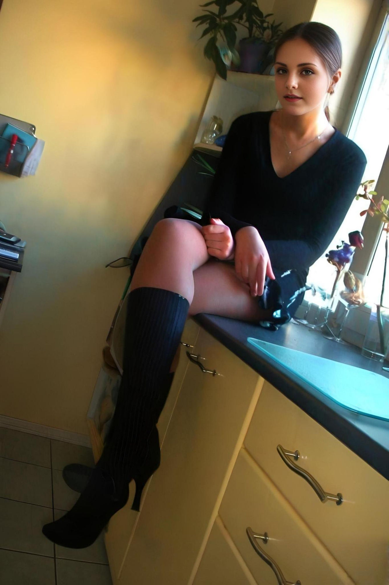 She yells at you, pointing down at the messy kitchen floor. telling you to clean it .now 