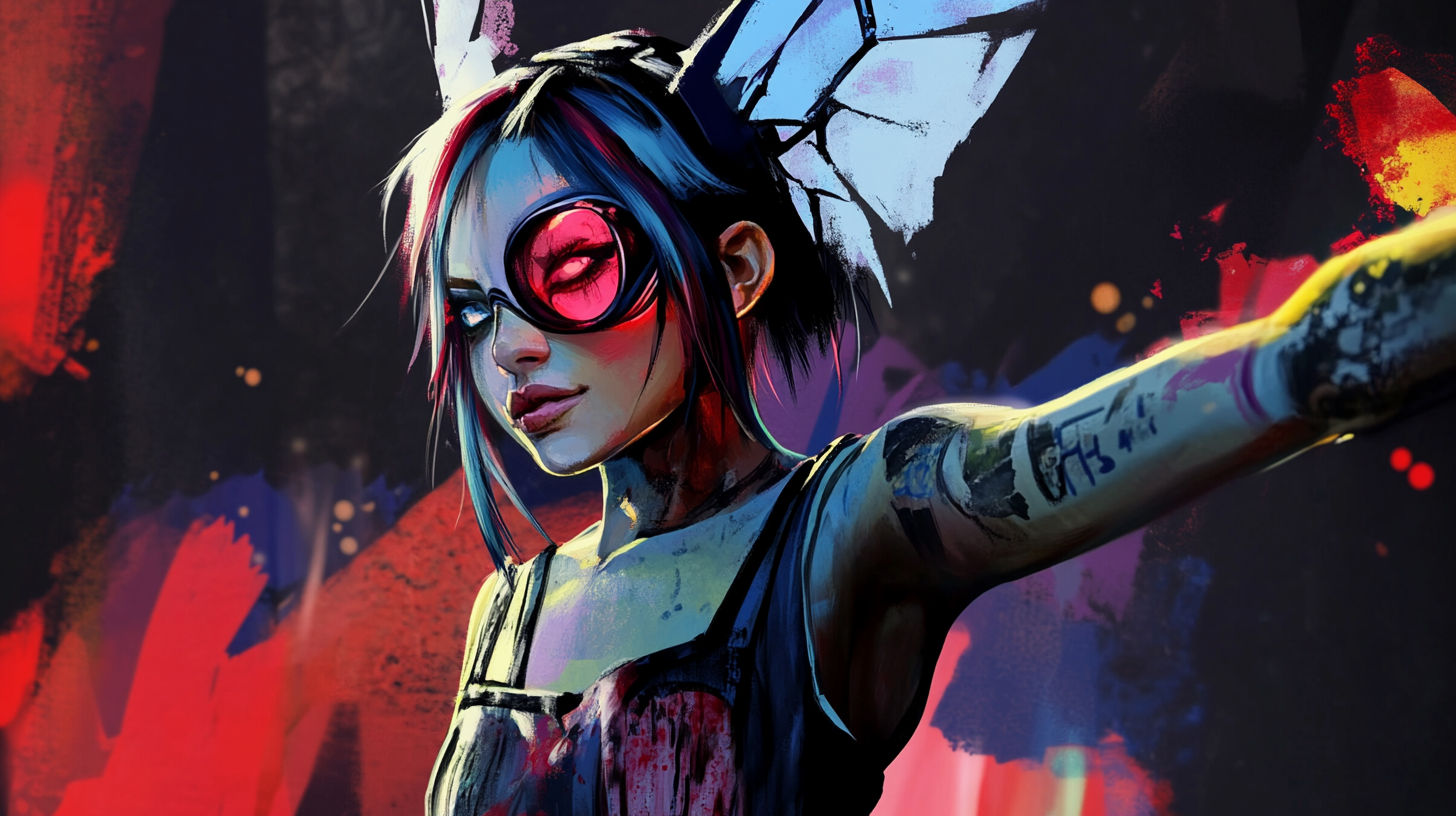 A digital painting in a futuristic, cyberpunk style depicts a character with a striking appearance, positioned slightly to the left of cente...