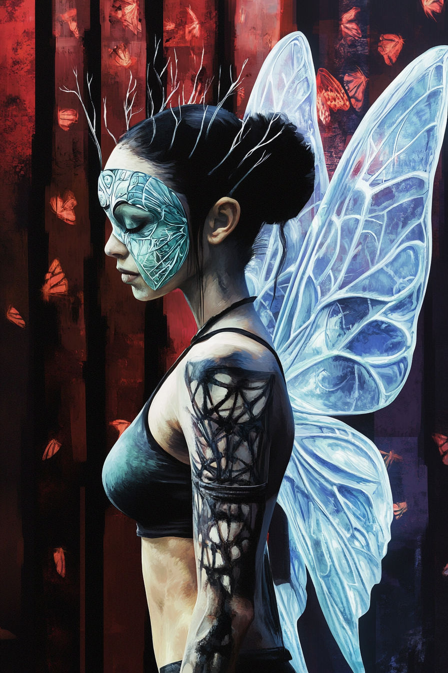 A side profile portrait of a fairy-like character in an ethereal fantasy art style. The character is positioned slightly off-center to the r...