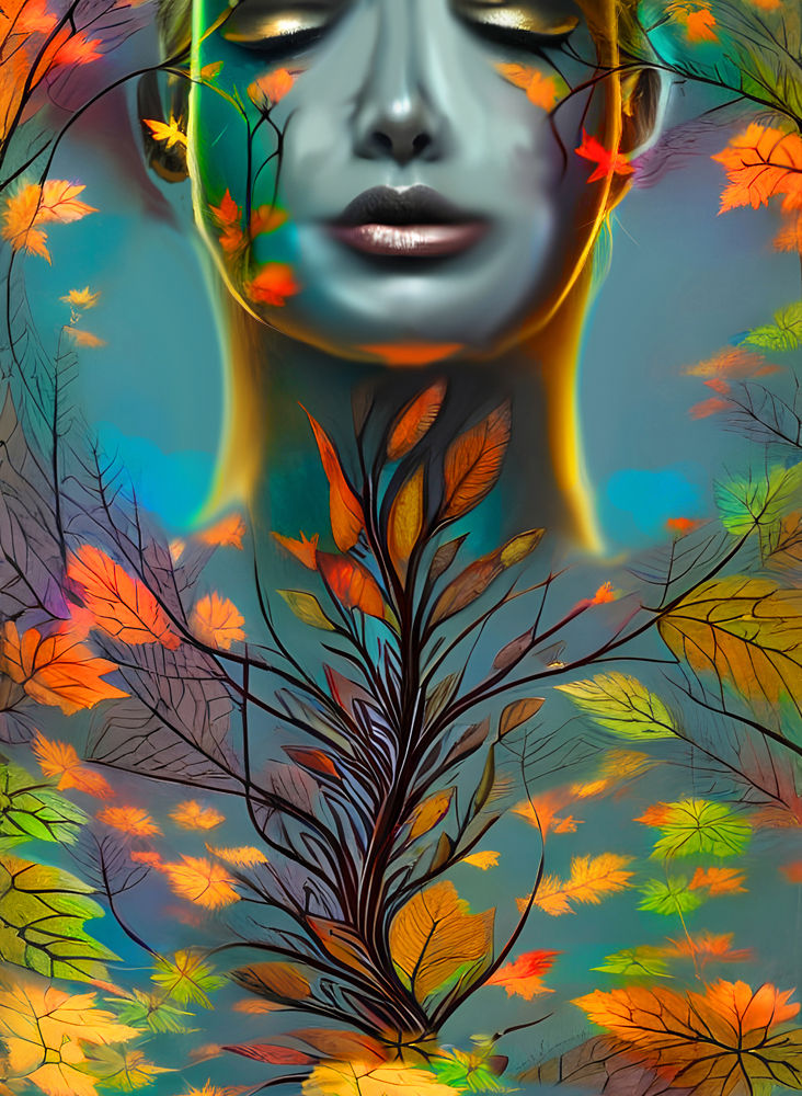 One More With Autumn Goddess, Lot Of Leaves Flying around her Face, Greg Rutkowski , surrealism, depth of field , airbrush art , 3D shading ...