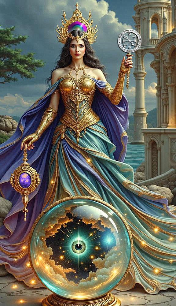 She Is The beautiful aurora Queen of Magic, hyperrealism Face , 
 There is A Magic Eye in the Orb below ,photorealism ,dynamic lighting, sha...