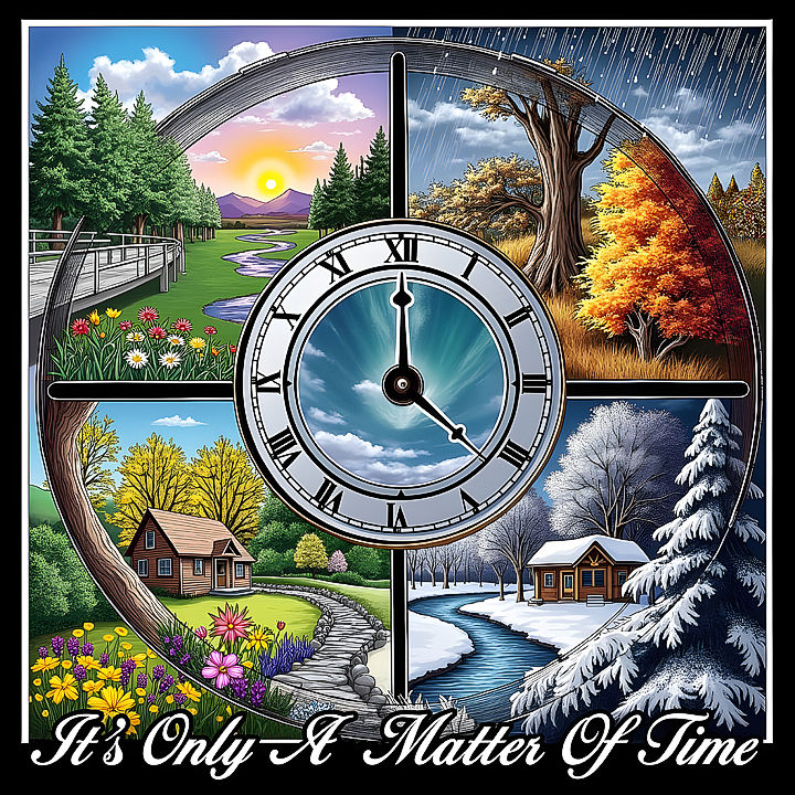 Concept is a hyperrealism, photorealism, 3D shading, meticulous > Landscape Seasonal Design, a Clock in  the Middle, with four Sections, (Sp...