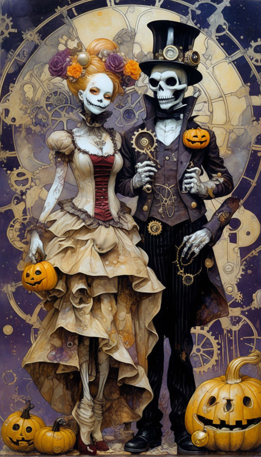 The King & Queen Of Halloween, Steampunk, art Nouveau . hyperrealism , dynamic lighting ,Colorful, beautiful , <lora:FiosAutumnOWeen:1.0> <l...