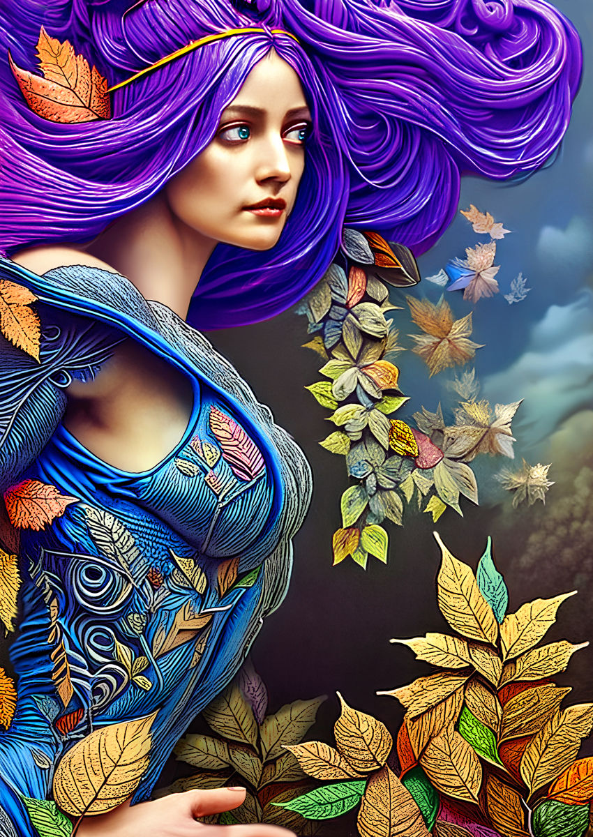An Goddess of Autumn, Purple Hair, Blue Dress, Lots of Fall Leaves,
Clouds and Blue Sky, hyperrealism, photorealism , airbrush art , depth o...