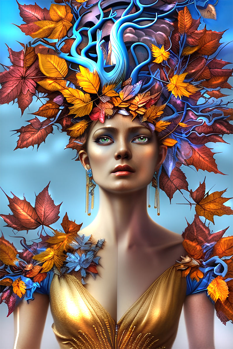 Hyperrealism Autumn Goddess , Soft And Bright Colors, Lots of Puffy Clouds in Sky, airbrush art Photorealistic, depth of field, 3D shadowing...