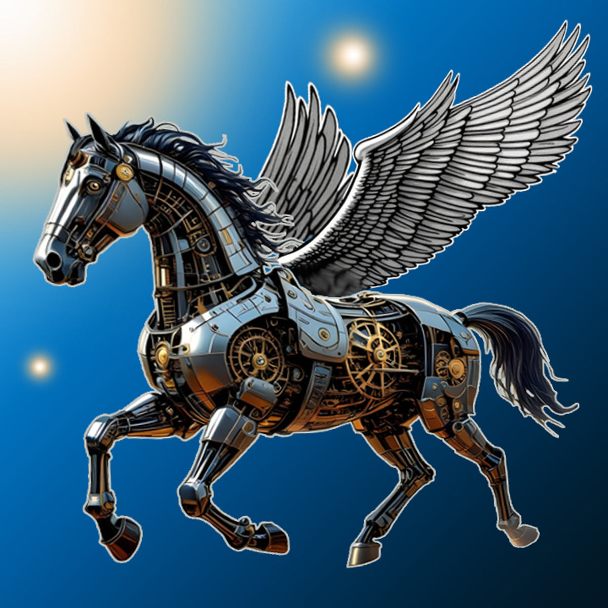 A majestic clockwork horse (((With Wings that the Feathers  are Made Of Green Glass))), gears and cogs intricately visible beneath its metal...
