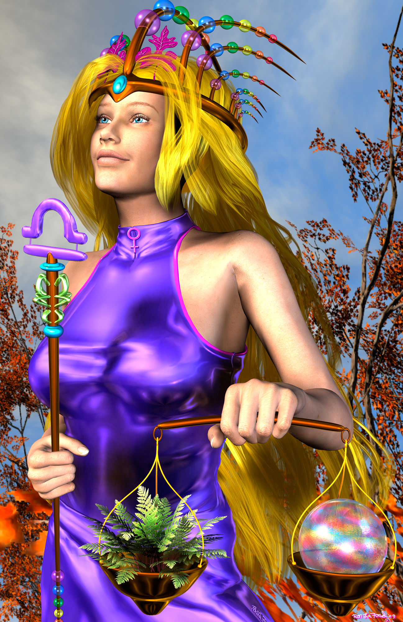 A Libra Goddess  golden hair ,with her  balance bar in one hand,
Autumn leaves in background and trees, art Nouveau , airbrush art , dynamic...
