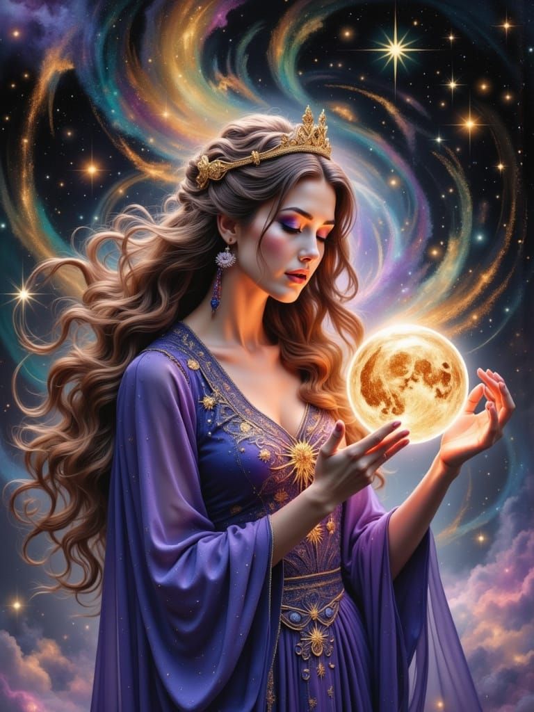 Her hair blows in the wind. The globe glows with spectral colors as the colors swirl in the background. She turns her he...