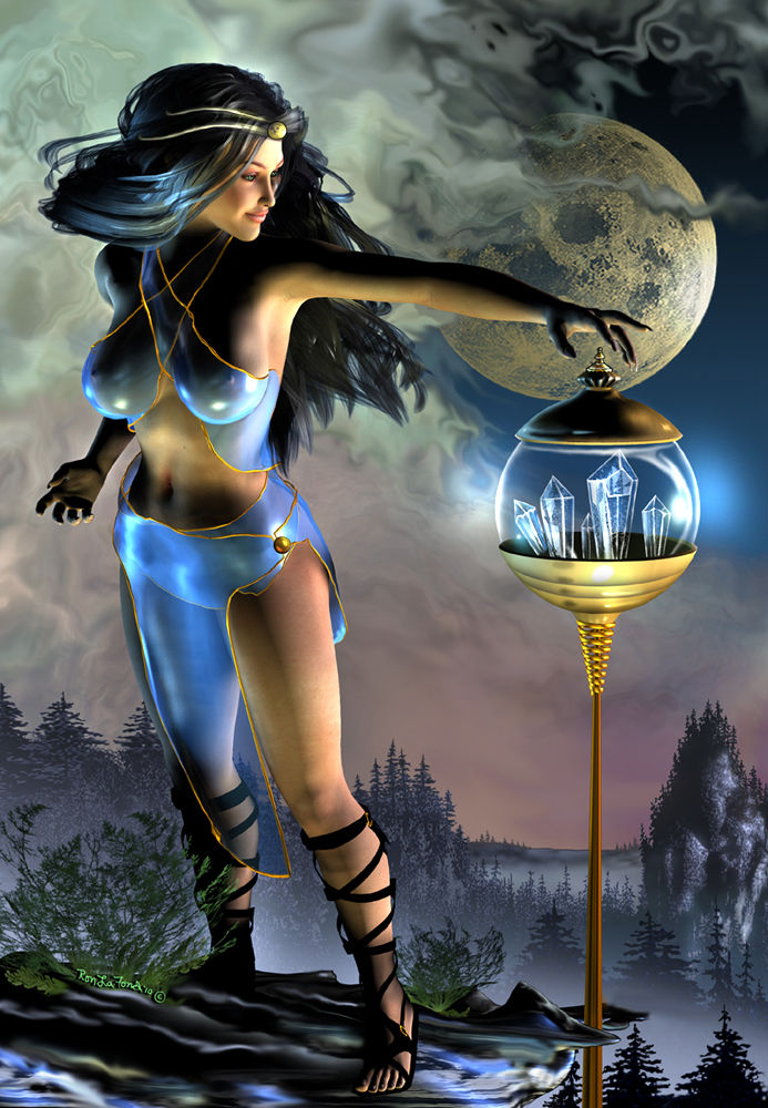 A Beautiful Maiden in a (((hyperrealism style ))), she Looking at  a Orb of Clear Crystals, Standing on a ledge, Trees and pointed Hills in ...