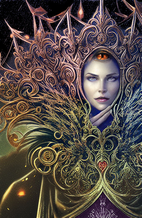 A Queen Of Harmony, With Blue Eyes, Alphonse Mucha, Greg Rutkowski, digital art , dynamic lighting , 3D shading , magnificent, retrofuturism...