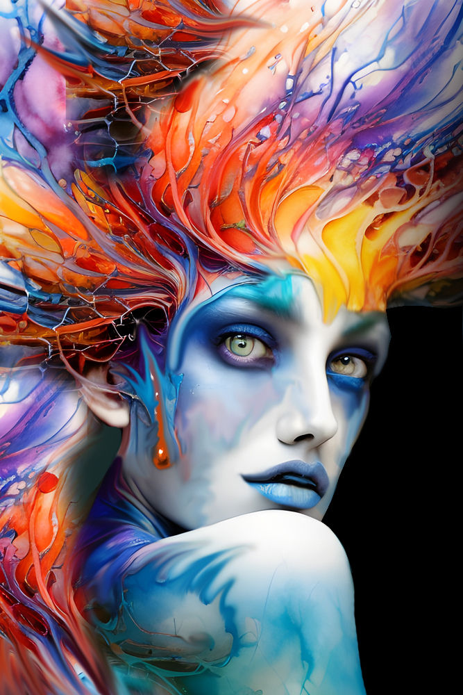 She is Smiling at you With Magic Color Droplets  (((Lots))) of all around Face, Greg Rutkowski, hyperrealism , precisionism, airbrush art , ...