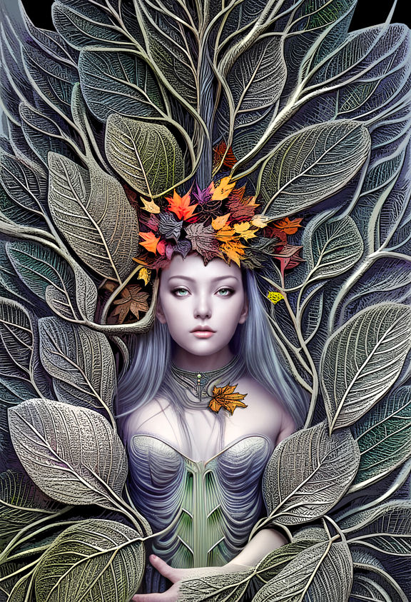 Yet Another Beautiful, Leaves Goddess, art Nouveau, hyperrealism , depth of field , medium shot , 1900s photograph, 3D shading , <lora:RG In...