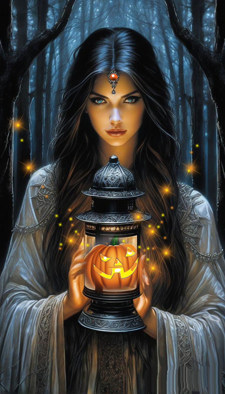 Goddess of Halloween holding a Jack-o- Lantern> In a Lantern, With Magic Sparks coming Out the Lantern,, hyperrealism, depth of field, photo...