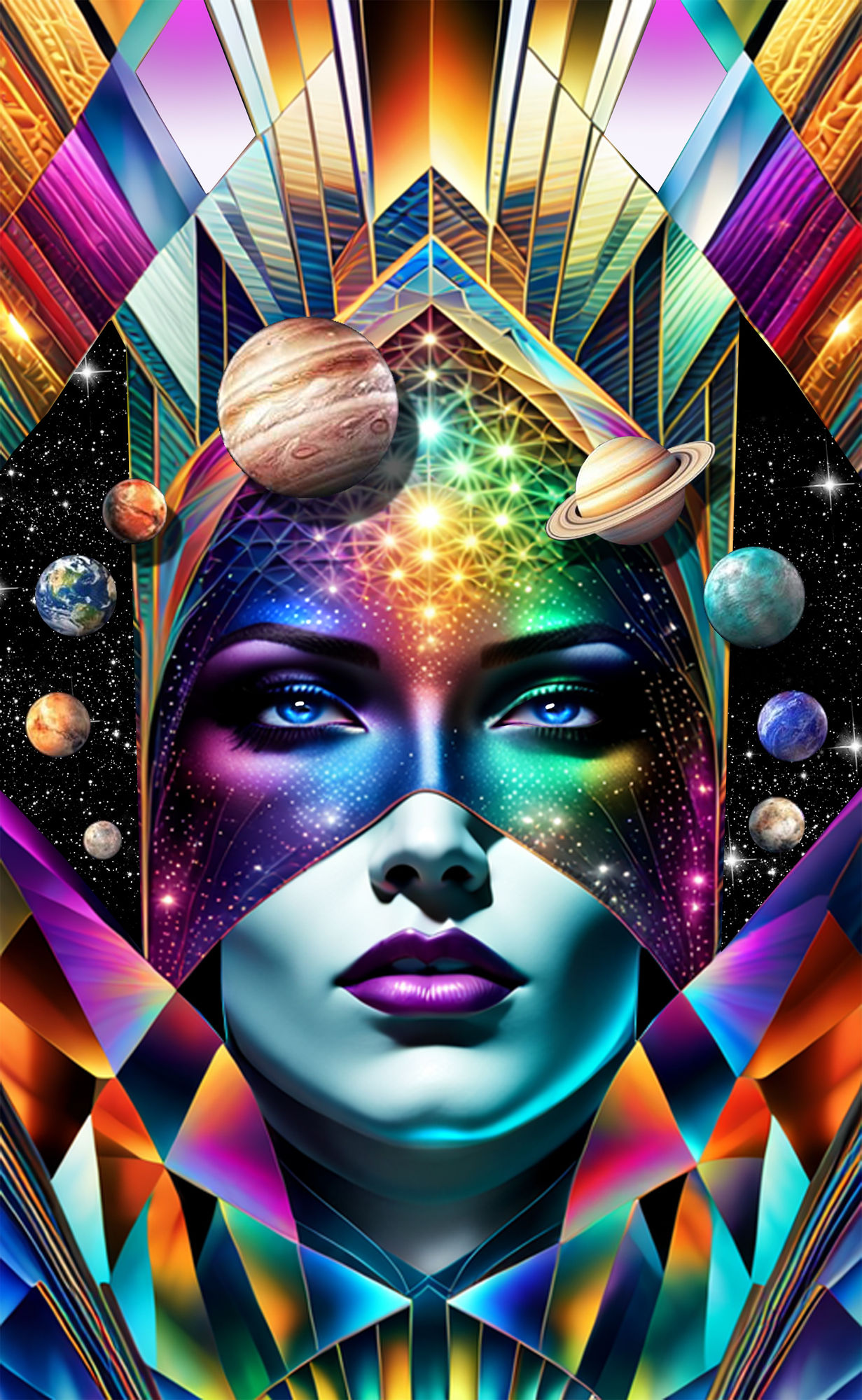 Goddess With are Solar System, Art Deco, Greg Rutkowski, hyperrealism , depth of field , astral , mysterious, <lora:Ethereal Magic Flux:1.0>...