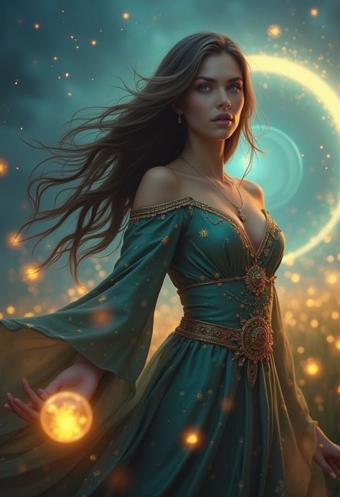 A beautiful sorceress with long flowing hair stands in a field of glowing orbs, her eyes sparkling with cosmic energy. The orbs cast a warm,...